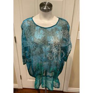 Desigual Blue White Green Floral Sheer Top, Size Large